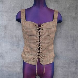 Scarlet Darkness Tan Plaid Renaissance Lace Up Corset Vest Bodice Size Small I77